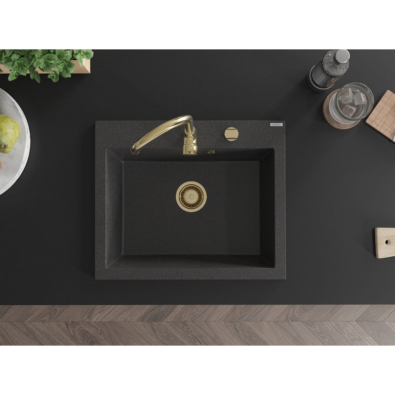 Mexen Elix granitový drez 1-komorový 600 x 500 mm, čierny škvrnitý, zlatý sifón - 6525601005-76-G