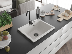 Mexen Elix granitový kuchynský drez s 1 komorou 600 x 500 mm, biely, čierny sifón - 6525601005-20-B