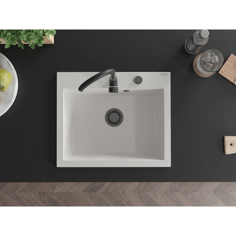 Mexen Elix granitový kuchynský drez s 1 komorou 600 x 500 mm, biely, čierny sifón - 6525601005-20-B