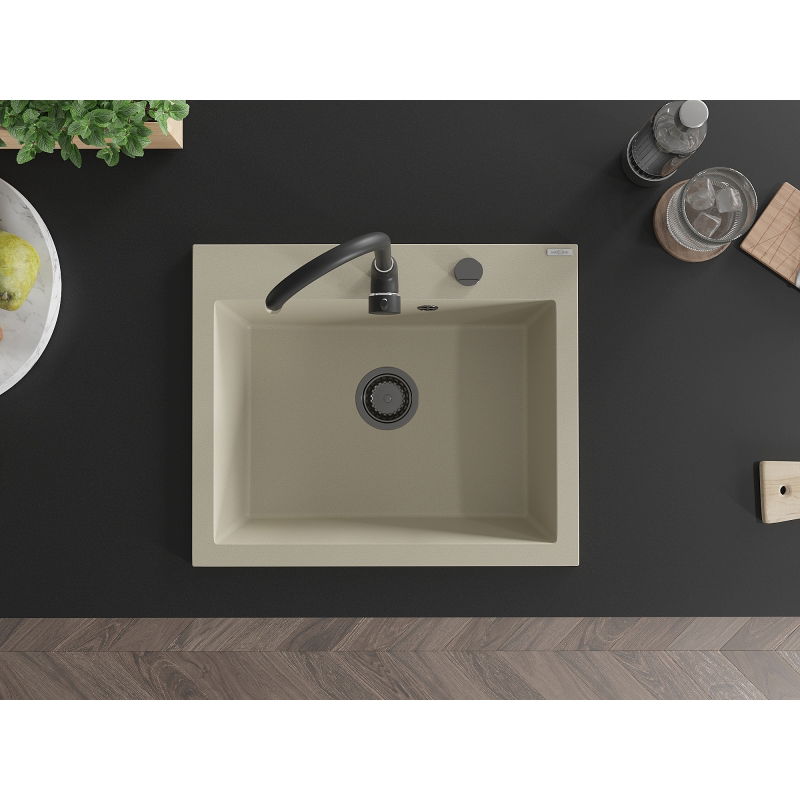 Mexen Elix granitový kuchynský drez 1-komorový 600 x 500 mm, béžový, čierny sifón- 6525601005-69-B
