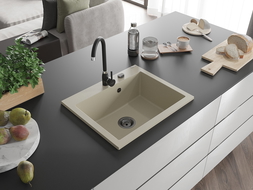 Mexen Elix granitový kuchynský drez 1-komorový 600 x 500 mm, béžový, čierny sifón- 6525601005-69-B