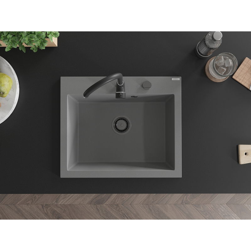 Mexen Elix granitový drez s jednou komorou 600 x 500 mm, sivý, čierny sifón - 6525601005-71-B