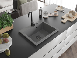 Mexen Elix žulový drez s jednou komorou 600 x 500 mm, sivý, čierny sifón - 6525601005-71-B
