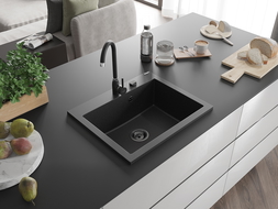 Mexen Elix granitový kuchynský drez 1-komorový 600 x 500 mm, čierno/strieborný metalický, čierny sifón - 6525601005-73-B