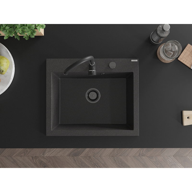 Mexen Elix granitový drez s 1 komorou 600 x 500 mm, čierny škvrnitý, sifón čierny - 6525601005-76-B