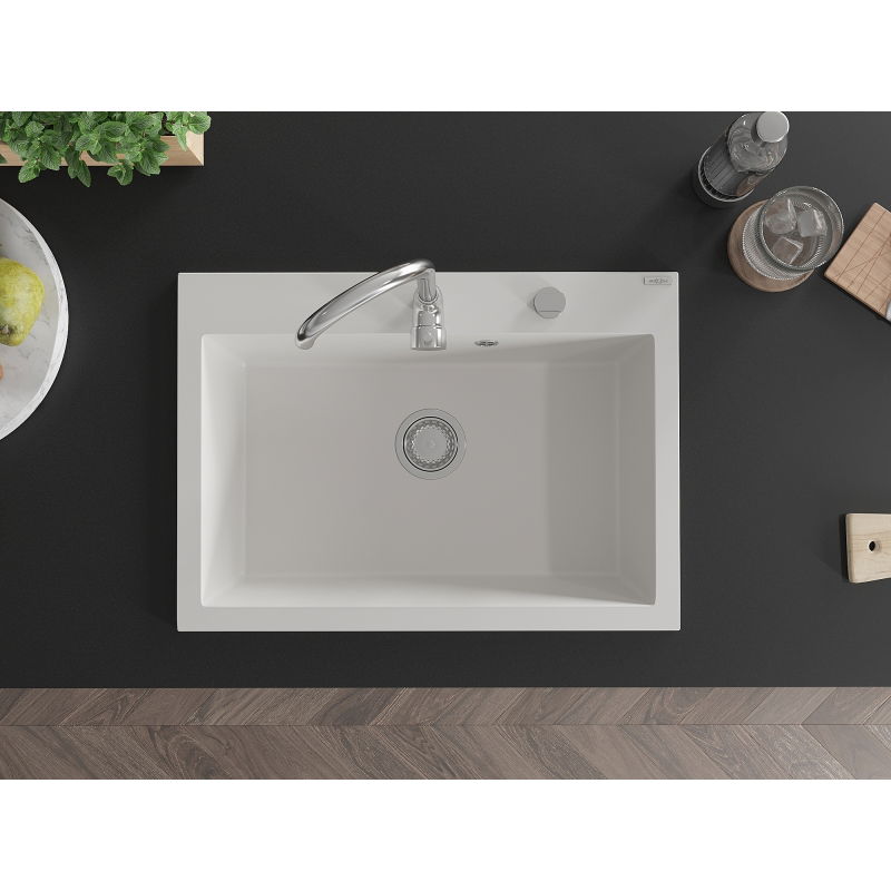 Mexen Elix granitový kuchynský drez 1-komorový 700 x 500 mm, biely, sifón chróm - 6526701005-20