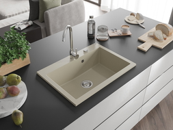 Mexen Elix granitový drez 1-komorový 700 x 500 mm, béžový, sifón chróm - 6526701005-69