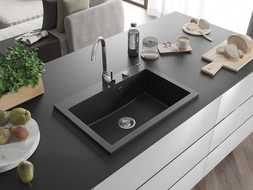 Mexen Elix žulový kuchynský drez s 1 komorou 700 x 500 mm, čierny/strieborný metalický, chrómový sifón - 6526701005-73