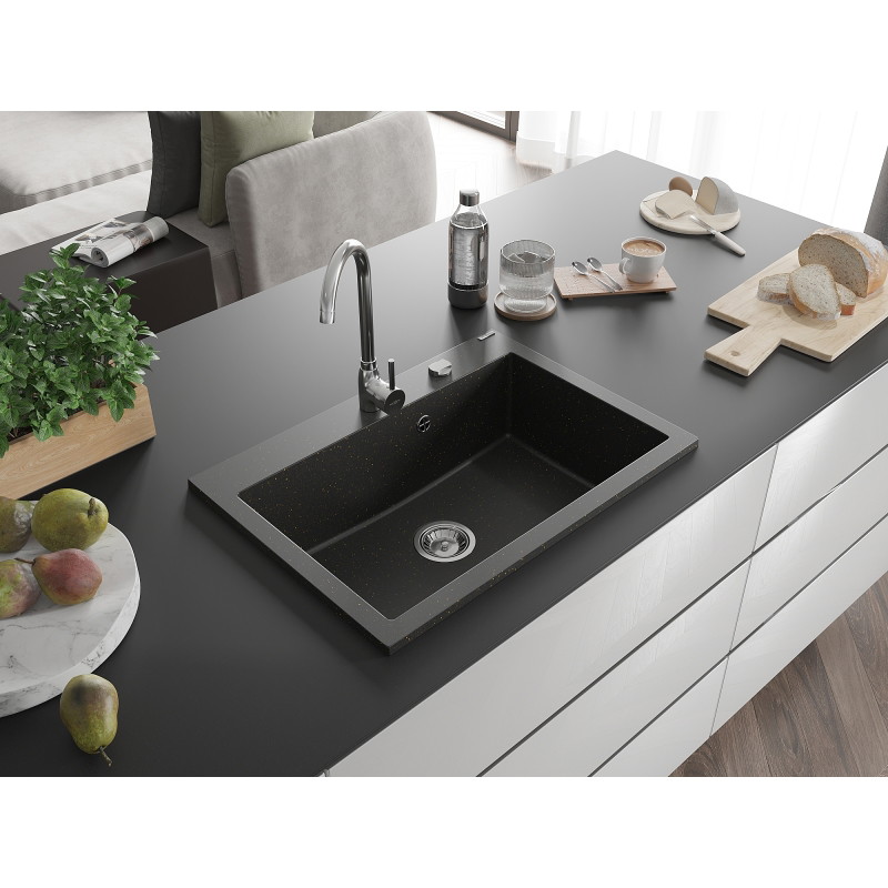 Mexen Elix granitový drez s 1 komorou 700 x 500 mm, čierny/zlatý metalický, sifón chróm - 6526701005-75