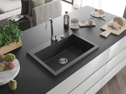 Mexen Elix jednokomorový granitový drez 700 x 500 mm, čierny bodkovaný, sifón chróm - 6526701005-76