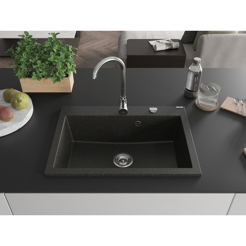 Mexen Elix granitový drez s 1 komorou 700 x 500 mm, čierny/zlatý metalický, sifón chróm - 6526701005-75