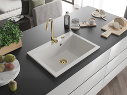 Mexen Elix granitový kuchynský drez 1-komorový 700 x 500 mm, biely, zlatý sifón - 6526701005-20-G