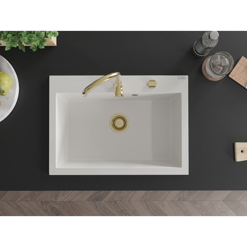 Mexen Elix granitový drez 1-komorový 700 x 500 mm, biely, sifón zlatý - 6526701005-20-G