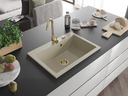 Mexen Elix kuchynský drez z granitu, 1-komorový, 700 x 500 mm, béžový, zlatý sifón - 6526701005-69-G