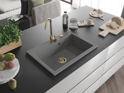 Mexen Elix granitový kuchynský drez s 1 komorou 700 x 500 mm, sivý, sifón zlatý - 6526701005-71-G