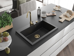 Mexen Elix žulový drez s jednou komorou 700 x 500 mm, čierny/strieborný metalický, sifón zlatý - 6526701005-73-G