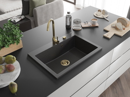 Mexen Elix granitový drez s jednou komorou 700 x 500 mm, čierny s bodkami, zlatý sifón - 6526701005-76-G