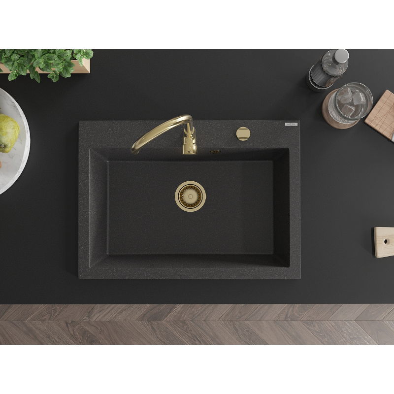 Mexen Elix granitový drez s jednou komorou 700 x 500 mm, čierny s bodkami, zlatý sifón - 6526701005-76-G
