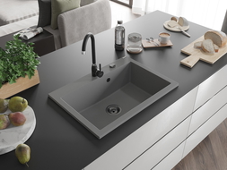 Mexen Elix žulový drez s 1 miskou 700 x 500 mm, sivý, čierny sifón - 6526701005-71-B