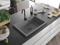 Mexen Elix žulový kuchynský drez 1-komorový 700 x 500 mm, sivý, čierny sifón - 6526701005-71-B