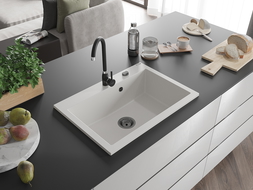 Mexen Elix žulový drez s 1 komorou 700 x 500 mm, biely, čierny sifón - 6526701005-20-B