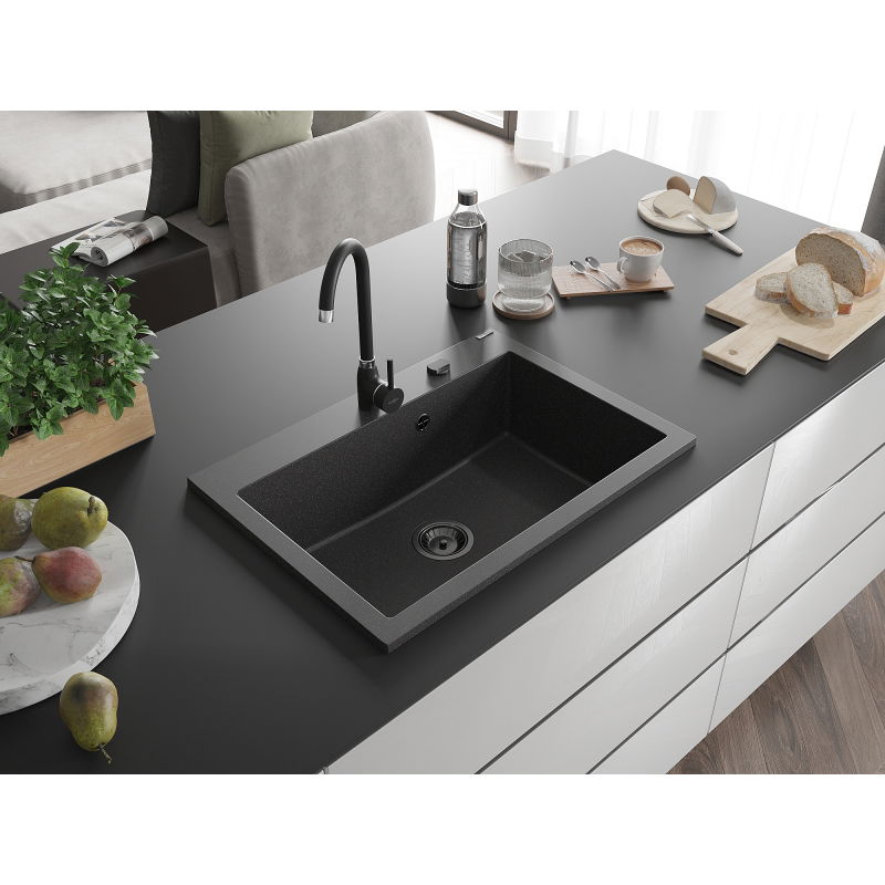 Mexen Elix granitový drez 1-komorový 700 x 500 mm, čierny bodkovaný, čierny sifón - 6526701005-76-B
