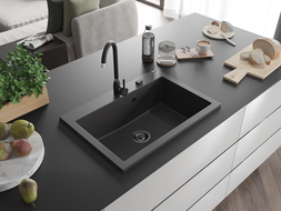 Mexen Elix granitový drez 1-komorový 700 x 500 mm, čierny bodkovaný, čierny sifón - 6526701005-76-B