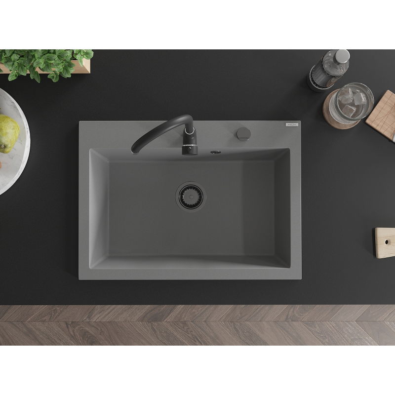 Mexen Elix žulový drez s 1 miskou 700 x 500 mm, sivý, čierny sifón - 6526701005-71-B