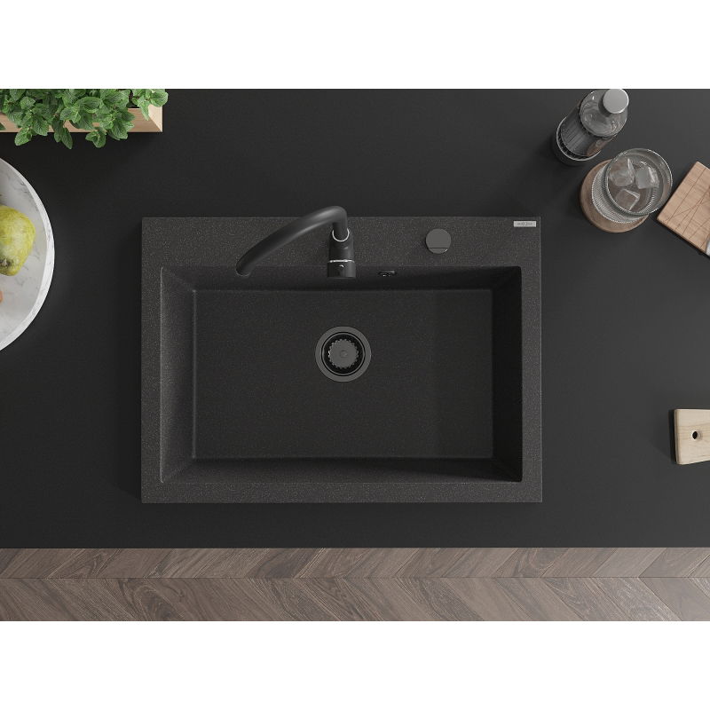Mexen Elix granitový drez 1-komorový 700 x 500 mm, čierny bodkovaný, čierny sifón - 6526701005-76-B