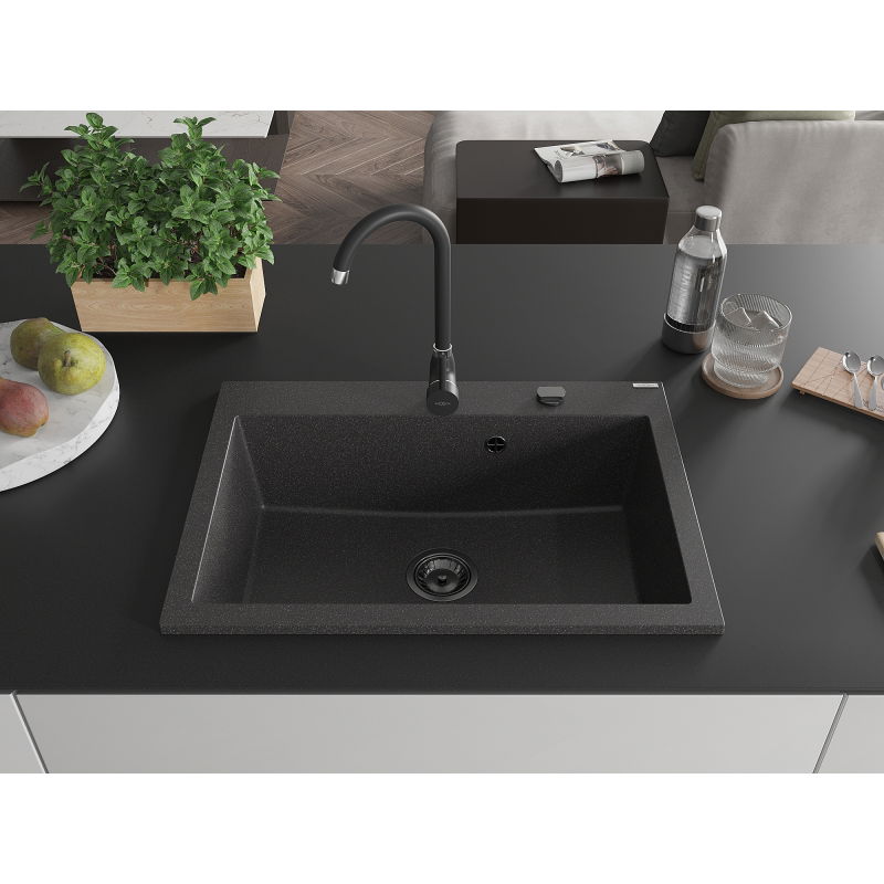 Mexen Elix granitový drez 1-komorový 700 x 500 mm, čierny bodkovaný, čierny sifón - 6526701005-76-B