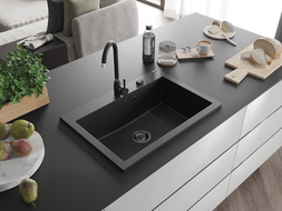 Mexen Elix kuchynský drez z granitu, jednokomorový, 700 x 500 mm, čierny, čierny sifón - 6526701005-77-B