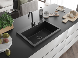 Mexen Elix jednokomorový granitový drez 700 x 500 mm, čierny/strieborný metalický, čierny sifón - 6526701005-73-B