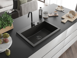 Mexen Elix žulový drez s jednou komorou 700 x 500 mm, čierny/zlatý metalický, čierny sifón - 6526701005-75-B