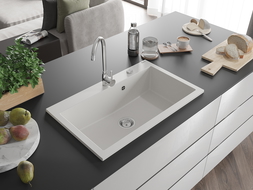 Mexen Elix žulový kuchynský drez s 1 komorou 800 x 500 mm, biely, sifón chróm - 6527801005-20