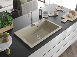 Mexen Elix granitový drez s jednou komorou 800 x 500 mm, béžový, chrómovaný sifón - 6527801005-69