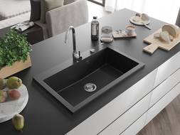 Mexen Elix žulový kuchynský drez 1-komorový 800 x 500 mm, čierny/strieborný metalik, sifón chróm - 6527801005-73
