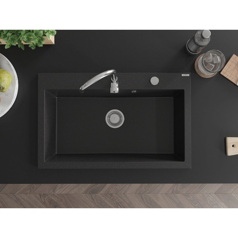 Mexen Elix kuchynský drez granitový s 1-komorou 800 x 500 mm, čierny/strieborný metalik, sifón chróm - 6527801005-73