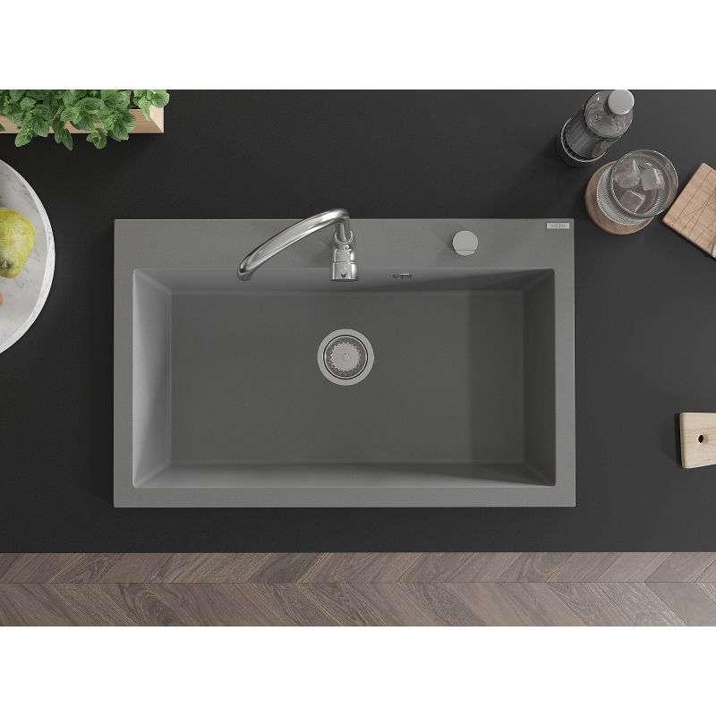 Mexen Elix granitový kuchynský drez s 1-komorou 800 x 500 mm, šedý, chrómový sifón - 6527801005-71
