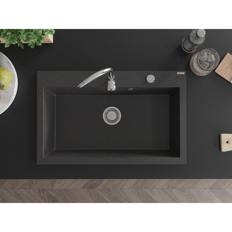 Mexen Elix granitový drez s 1 komorou 800 x 500 mm, čierny s bodkami, chrómový sifón - 6527801005-76