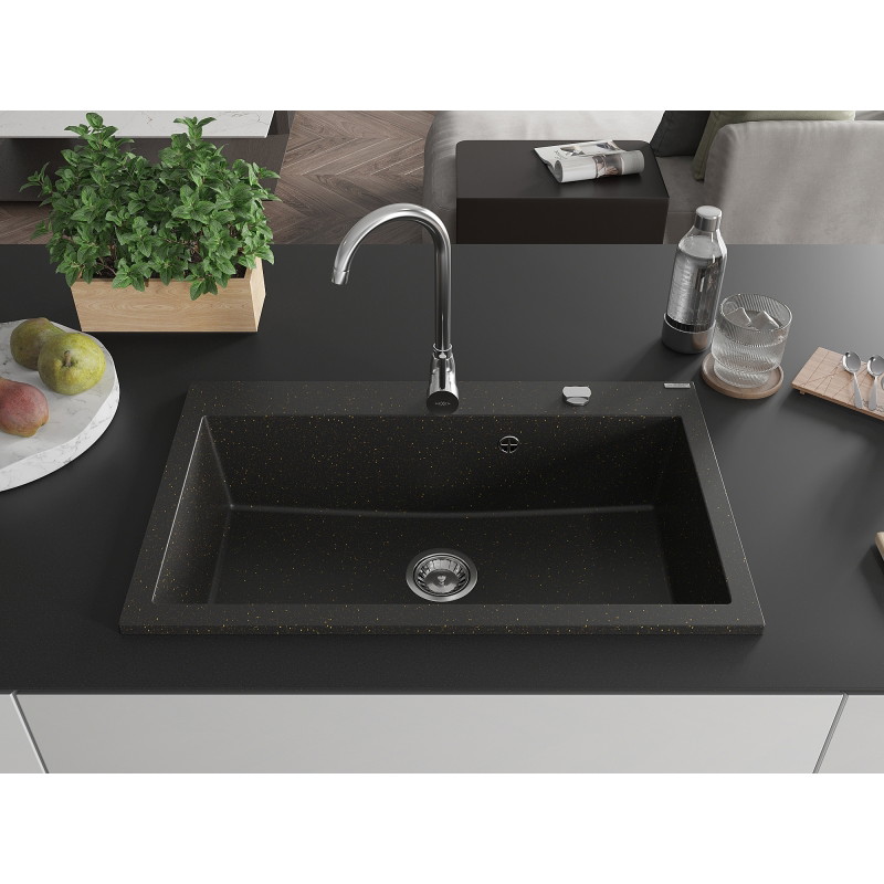Mexen Elix granitový drez s jednou komorou 800 x 500 mm, čierny/zlatý metalík, chrómový sifón - 6527801005-75