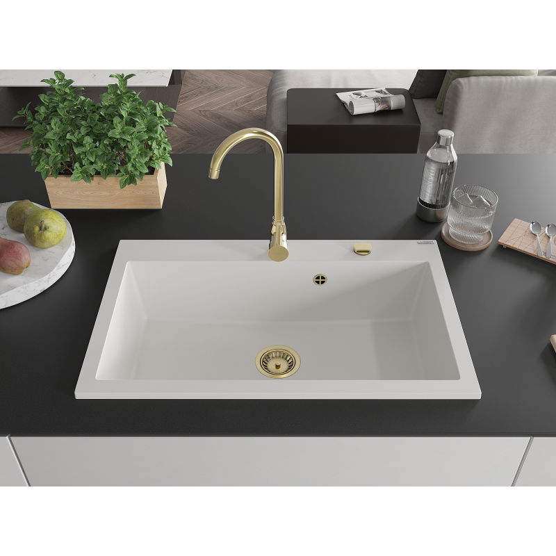 Mexen Elix žulový drez s 1 komorou 800 x 500 mm, biely, zlatý sifón - 6527801005-20-G