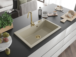 Mexen Elix žulový drez, 1-komorový, 800 x 500 mm, béžový, sifón zlatý - 6527801005-69-G