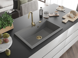 Mexen Elix granitový drez, 1-komorový, 800 x 500 mm, sivý, sifón zlatý - 6527801005-71-G