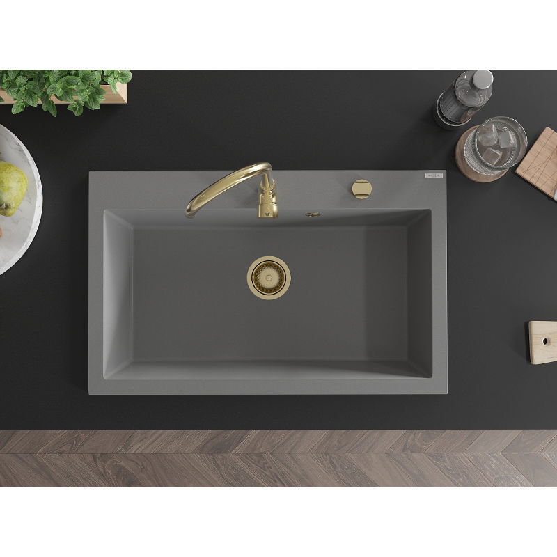Mexen Elix žulový kuchynský drez, 1-komorový 800 x 500 mm, sivý, sifón zlatý - 6527801005-71-G