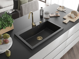 Mexen Elix žulový drezový s jednou komorou 800 x 500 mm, čierny/strieborný metalik, zlatý sifón - 6527801005-73-G