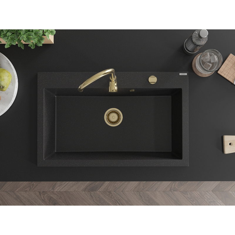 Mexen Elix žulový kuchynský drez 1-komorový 800 x 500 mm, čierny/strieborný metalik, sifón zlatý - 6527801005-73-G