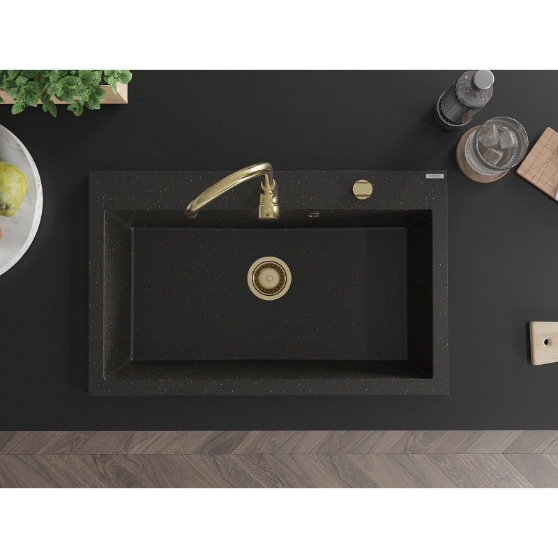 Mexen Elix granitový kuchynský drez 1-komorový 800 x 500 mm, čierny/zlatý metalik, zlatý sifón - 6527801005-75-G
