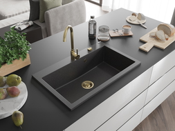 Mexen Elix granitový drez s 1 komorou 800 x 500 mm, čierny škvrnitý, zlatý sifón - 6527801005-76-G