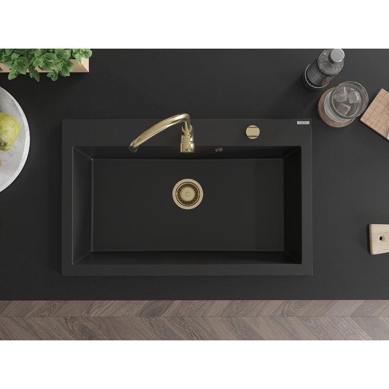 Mexen Elix granitový drez 1-komorový 800 x 500 mm, čierny, sifón zlatý - 6527801005-77-G