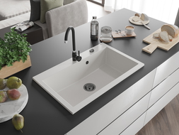 Mexen Elix granitový kuchynský drez 1-komorový 800 x 500 mm, biely, čierny sifón - 6527801005-20-B
